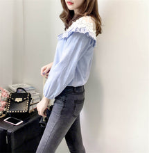Fashion Applique Tops Shirt  Woman O-neck Gauze Lace Patckwork Blouses Long Lantern Sleeves Shirts 33045 SM6
