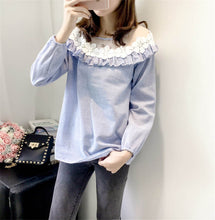 Fashion Applique Tops Shirt  Woman O-neck Gauze Lace Patckwork Blouses Long Lantern Sleeves Shirts 33045 SM6