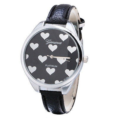 Geneva Watch Women Elegant Clock PU Leather Band Heartshaped Alloy Dial Black Quartz Wrist Watch CF