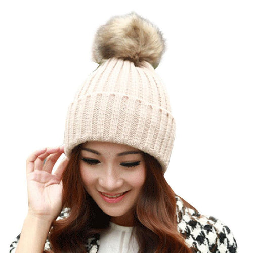 Girl Women Rabbit Fur Ball Warm Hat Crochet Knitted Wool Cap casquette hat Better CF