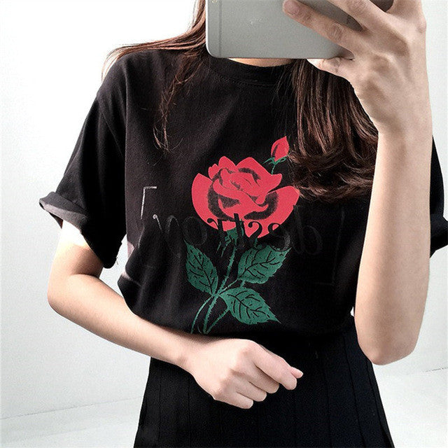 Fashion Harajuku Letter Rose Printed T shirt Women  New Arrival Short Sleeve Loose Tops Korean Casual feminino T-shirt 64374 SM6