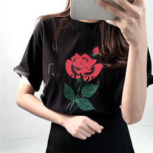 Fashion Harajuku Letter Rose Printed T shirt Women  New Arrival Short Sleeve Loose Tops Korean Casual feminino T-shirt 64374 SM6