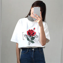 Fashion Harajuku Letter Rose Printed T shirt Women  New Arrival Short Sleeve Loose Tops Korean Casual feminino T-shirt 64374 SM6