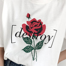 Fashion Harajuku Letter Rose Printed T shirt Women  New Arrival Short Sleeve Loose Tops Korean Casual feminino T-shirt 64374 SM6