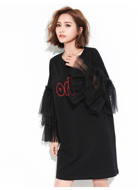 Fashion Letter Embroidery New  European Summer Women Vestidos Patchwork Lace Flare Sleeve Dress Brief Dresses Plus Size SM6