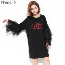Fashion Letter Embroidery New  European Summer Women Vestidos Patchwork Lace Flare Sleeve Dress Brief Dresses Plus Size SM6