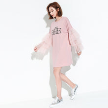 Fashion Letter Embroidery New  European Summer Women Vestidos Patchwork Lace Flare Sleeve Dress Brief Dresses Plus Size SM6