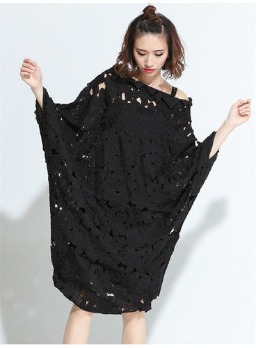 Fashion New  European Summer Women Slash Neck Vestidos Batwing Sleeve Hollow Out Lace Dress Brief Black Dresses Plus Size SM6