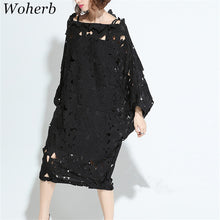 Fashion New  European Summer Women Slash Neck Vestidos Batwing Sleeve Hollow Out Lace Dress Brief Black Dresses Plus Size SM6
