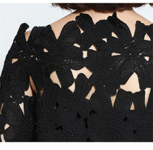 Fashion New  European Summer Women Slash Neck Vestidos Batwing Sleeve Hollow Out Lace Dress Brief Black Dresses Plus Size SM6