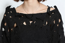 Fashion New  European Summer Women Slash Neck Vestidos Batwing Sleeve Hollow Out Lace Dress Brief Black Dresses Plus Size SM6