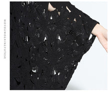 Fashion New  European Summer Women Slash Neck Vestidos Batwing Sleeve Hollow Out Lace Dress Brief Black Dresses Plus Size SM6