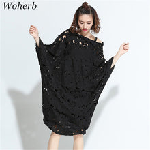 Fashion New  European Summer Women Slash Neck Vestidos Batwing Sleeve Hollow Out Lace Dress Brief Black Dresses Plus Size SM6