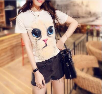 Fashion Print T-shirt Summer Cartoon Big Eyes Cat Print Women's T Shirt College Wind Casual Wild Girl Top Tees 71174 SM6