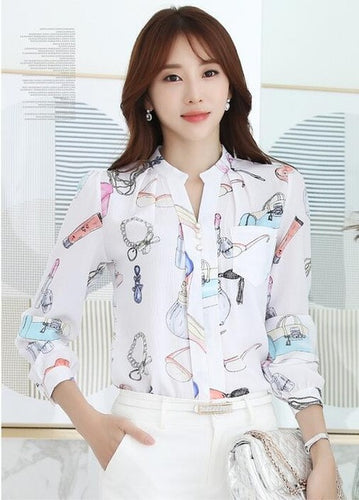 Fashion Woman Tops Shirt  Causal Stand Collar Blouses Long Sleeves Shirts Loose Female Office Work Wear Tops Shirt 33059 SM6