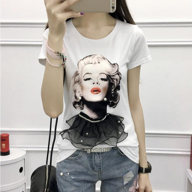 Fashion Women Shirt  Woman Head Print Short Sleeve Tee 3D Lace Decoration T-shirt Loose White Plus Size Tops Tee 33003 SM6