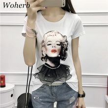 Fashion Women Shirt  Woman Head Print Short Sleeve Tee 3D Lace Decoration T-shirt Loose White Plus Size Tops Tee 33003 SM6