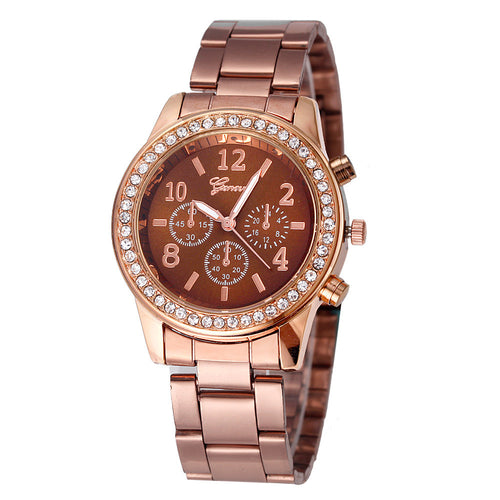 montre relogio geneva Watch Women Classic Quartz Watch Stainless Steel Wrist Watch Rose BrownBest Gift CF