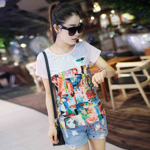 Female Chiffon Top Shirt  O-collar Short Sleeve Tops Printing Lace Hollow Patchwork Shirt Loose Fashion Vestidos 33077 SM6