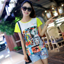 Female Chiffon Top Shirt  O-collar Short Sleeve Tops Printing Lace Hollow Patchwork Shirt Loose Fashion Vestidos 33077 SM6