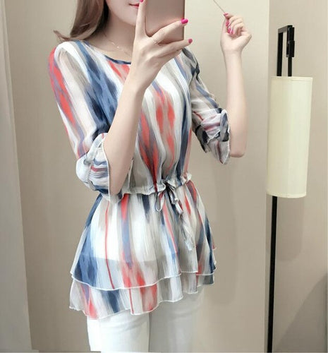Female Tops Shirt  Summer Cute Half Sleeves O-neck Blouses Gradually Changing Color Shirt Loose Woman Chiffon Shirt 33064 SM6