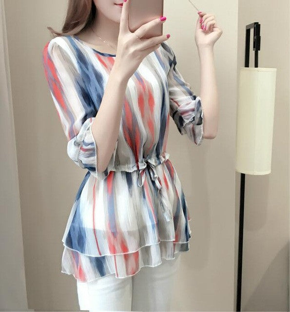 Female Tops Shirt  Summer Cute Half Sleeves O-neck Blouses Gradually Changing Color Shirt Loose Woman Chiffon Shirt 33064 SM6