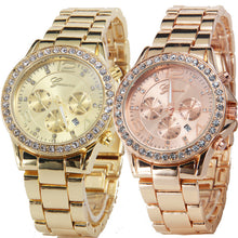 Geneva Gold Watch Women Rhinestone Crystal Date Quartz Clock Stainless Steel Strap Luxury Relogio Feminino CF