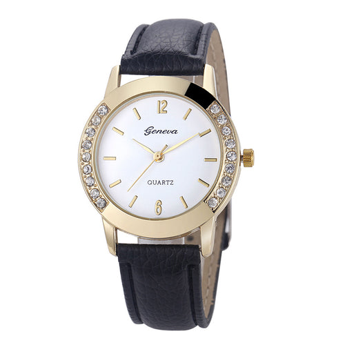 Geneva Watch Women Rhinestone Diamond Crystal Dress Clock Relogio Feminino Analog PU Leather Quartz Bracelet Watch CF