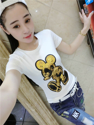 Harajuku Female Tops Tee  Summer Women Tops Tees Golden Sequined Cartoon Mouse Print T-Shirt Short Sleeves T-shirt 33024 SM6
