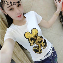 Harajuku Female Tops Tee  Summer Women Tops Tees Golden Sequined Cartoon Mouse Print T-Shirt Short Sleeves T-shirt 33024 SM6