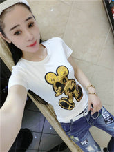 Harajuku Female Tops Tee  Summer Women Tops Tees Golden Sequined Cartoon Mouse Print T-Shirt Short Sleeves T-shirt 33024 SM6
