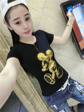 Harajuku Female Tops Tee  Summer Women Tops Tees Golden Sequined Cartoon Mouse Print T-Shirt Short Sleeves T-shirt 33024 SM6