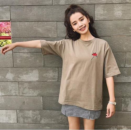Harajuku Tees  Rose Embroidery Women T-shirt Casual Summer New Fashion Tops Short Sleeves O-neck Ladies T-shirts 33030 SM6