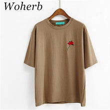 Harajuku Tees  Rose Embroidery Women T-shirt Casual Summer New Fashion Tops Short Sleeves O-neck Ladies T-shirts 33030 SM6