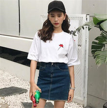 Harajuku Tees  Rose Embroidery Women T-shirt Casual Summer New Fashion Tops Short Sleeves O-neck Ladies T-shirts 33030 SM6