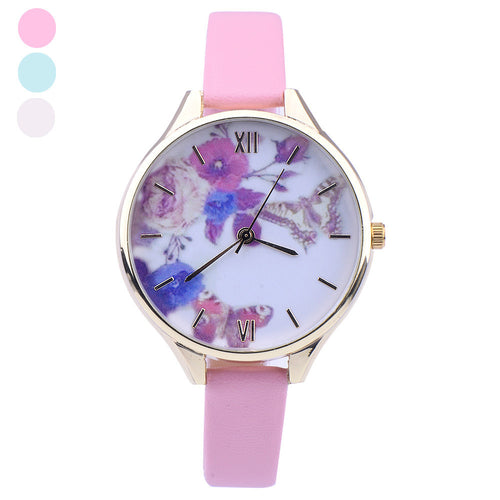 Leather Watches Women rhinestone Dress Watch Quartz Watches Casual Mujer Relogio Flower Printed Thin Clock CF