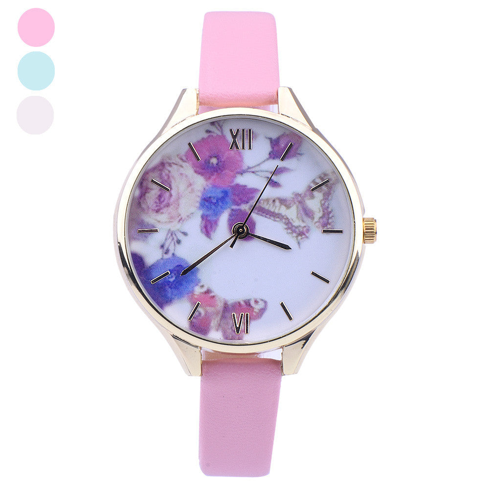 Leather Watches Women rhinestone Dress Watch Quartz Watches Casual Mujer Relogio Flower Printed Thin Clock CF