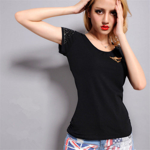 Hollow Out Women T Shirt Print O-Neck Short Sleeve Summer Women t-shirt Fashion Women Diamond Bling Tops Plus Size 71909 SM6
