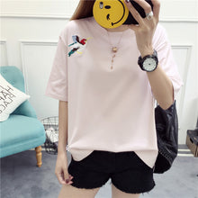 Hot  Female Summer Tops Tee Casual Short Sleeves T-shirt Cute Embroidery Birds Girls Tops Loose Tshirts 33002 SM6