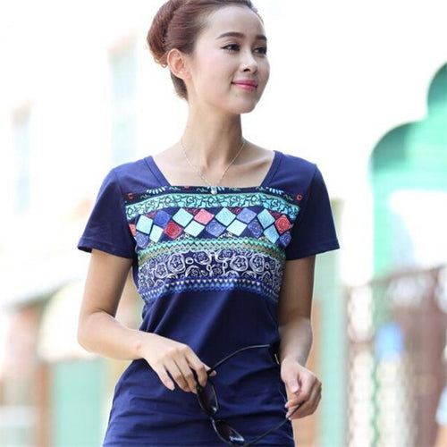 Hot   Summer Cotton T Shirt Loose Short-sleeved T-shirt Printed Large Size Retro National Style top 31059 SM6
