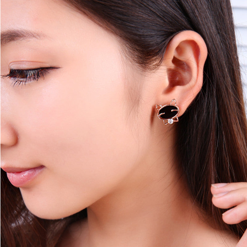 ear silver crystal stud earrings for women jewelry gift party cute smile cat Black CF