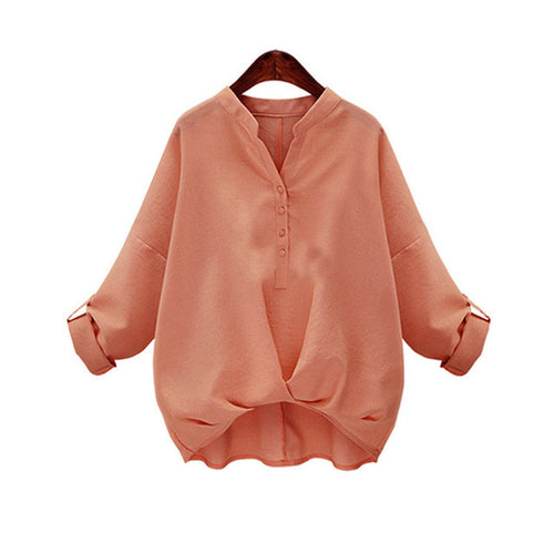 Hot   Fashion New Summer Full Sleeve Chiffon Blouse Women Plus Size Tops V-Neck Shirt Solid color Button Blusas 72493 SM6