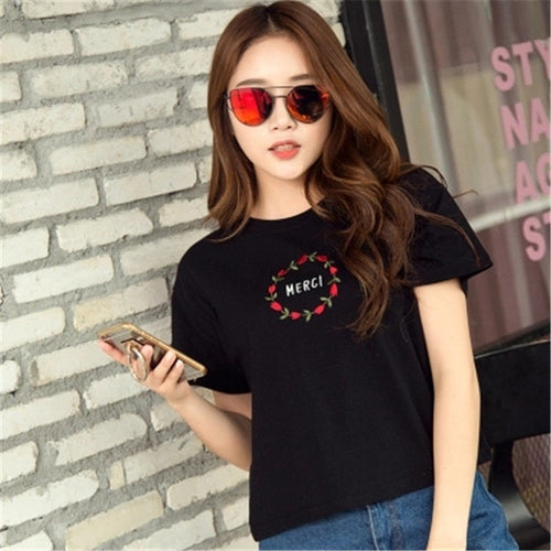 Korean style  New Women Harajuku Floral Embroidery t-shirt Women Short Sleeve T shirts Female O-neck Tops Plus Size 72614 SM6