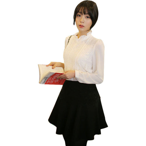Lace Female Blouse Fashion Chiffon White Black Blouse Vintage Stand Collar Shirts Plus Size Woman Clothes 70062 SM6