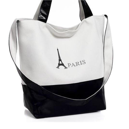 Large Space Women Canvas Handbag Zipper Shopping Shoulder Bag Paris Eiffel Tower Print Girls Beach Bolsos Casual Tote CF