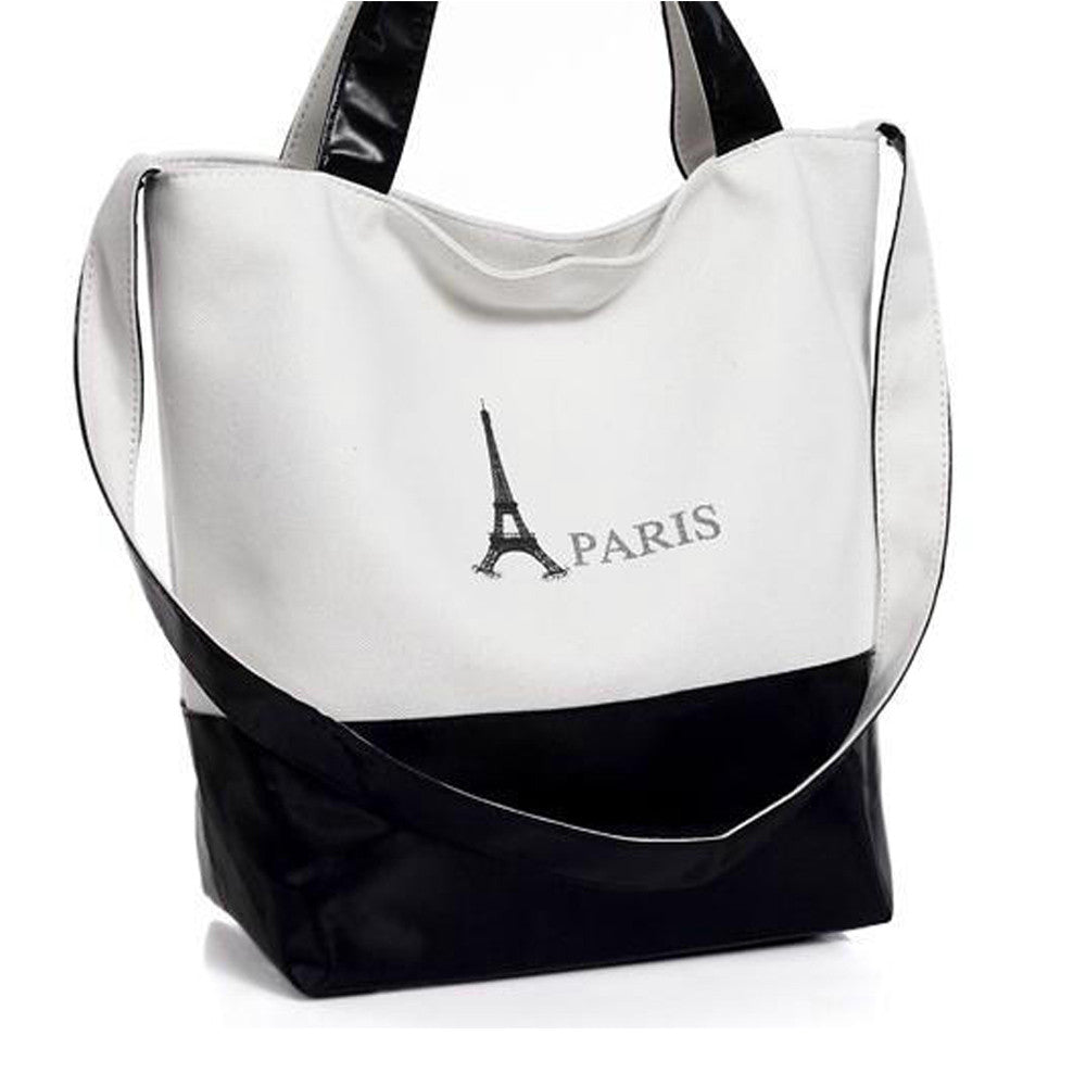 Large Space Women Canvas Handbag Zipper Shopping Shoulder Bag Paris Eiffel Tower Print Girls Beach Bolsos Casual Tote CF