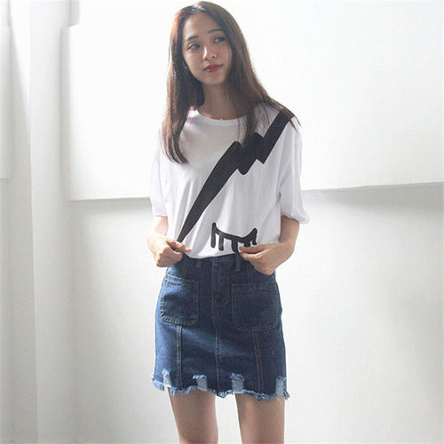 Lightning Cartoon Print T shirts  New Fashion Loose Women Tops O-neck Short Sleeve Women t-shirt Plus Size 72603 SM6