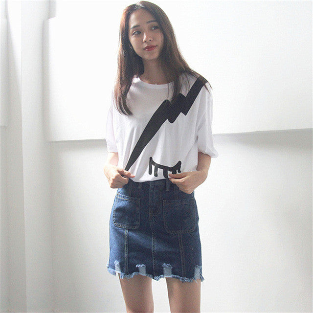 Lightning Cartoon Print T shirts  New Fashion Loose Women Tops O-neck Short Sleeve Women t-shirt Plus Size 72603 SM6