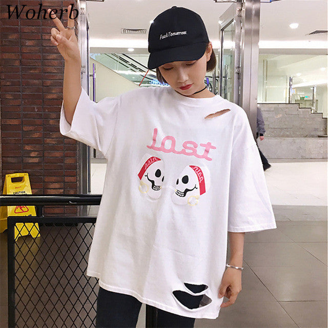 Lost Letter Print t-shirt  New Women Harajuku Skull Hole T shirts Women Top Short Sleeve Female O-neck Plus Size tops 72678 SM6