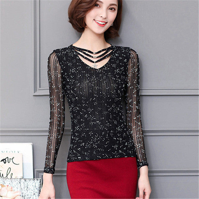 M-3XL New  Women Summer Lace T Shirt Fashion Hollow Out Tops V-Neck Full Sleeve t-shirt Plus Size tee 72593 SM6